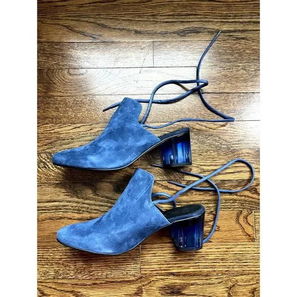NIB Free People Lucite Block Heel Wrap Suede Heel Mules Blue Women's Size 7.5 - Picture 4 of 13